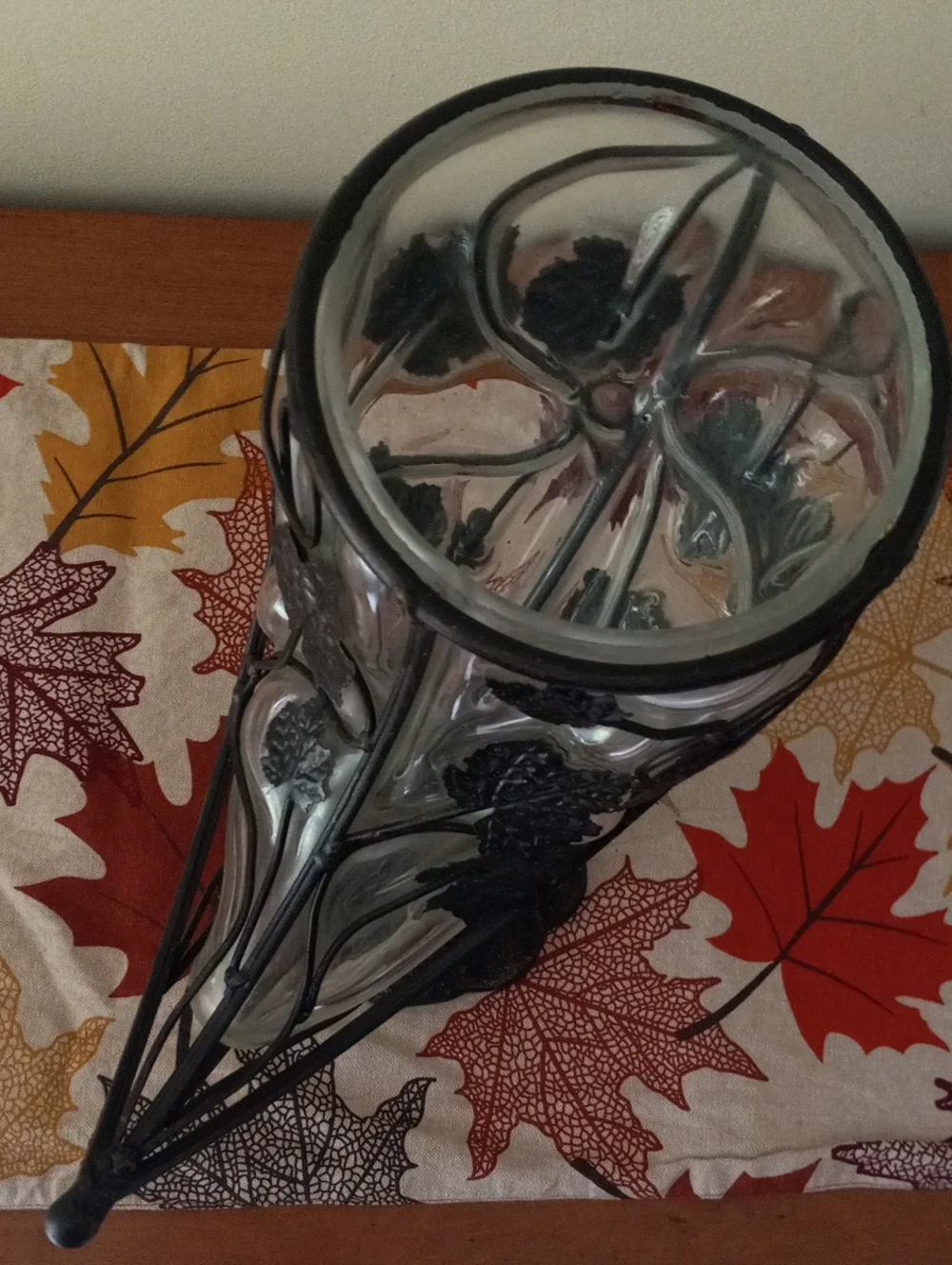 Caged Glass & Wrought Iron Cornucopia Horn of Plenty Fall Centerpiece Vase